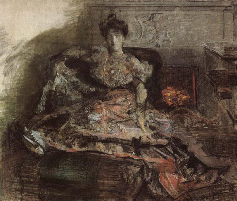 Mikhail Vrubel Arter the concert:nadezhda zabela-Vrubel by the fireplace wearing a dress designed by the artist oil painting image
